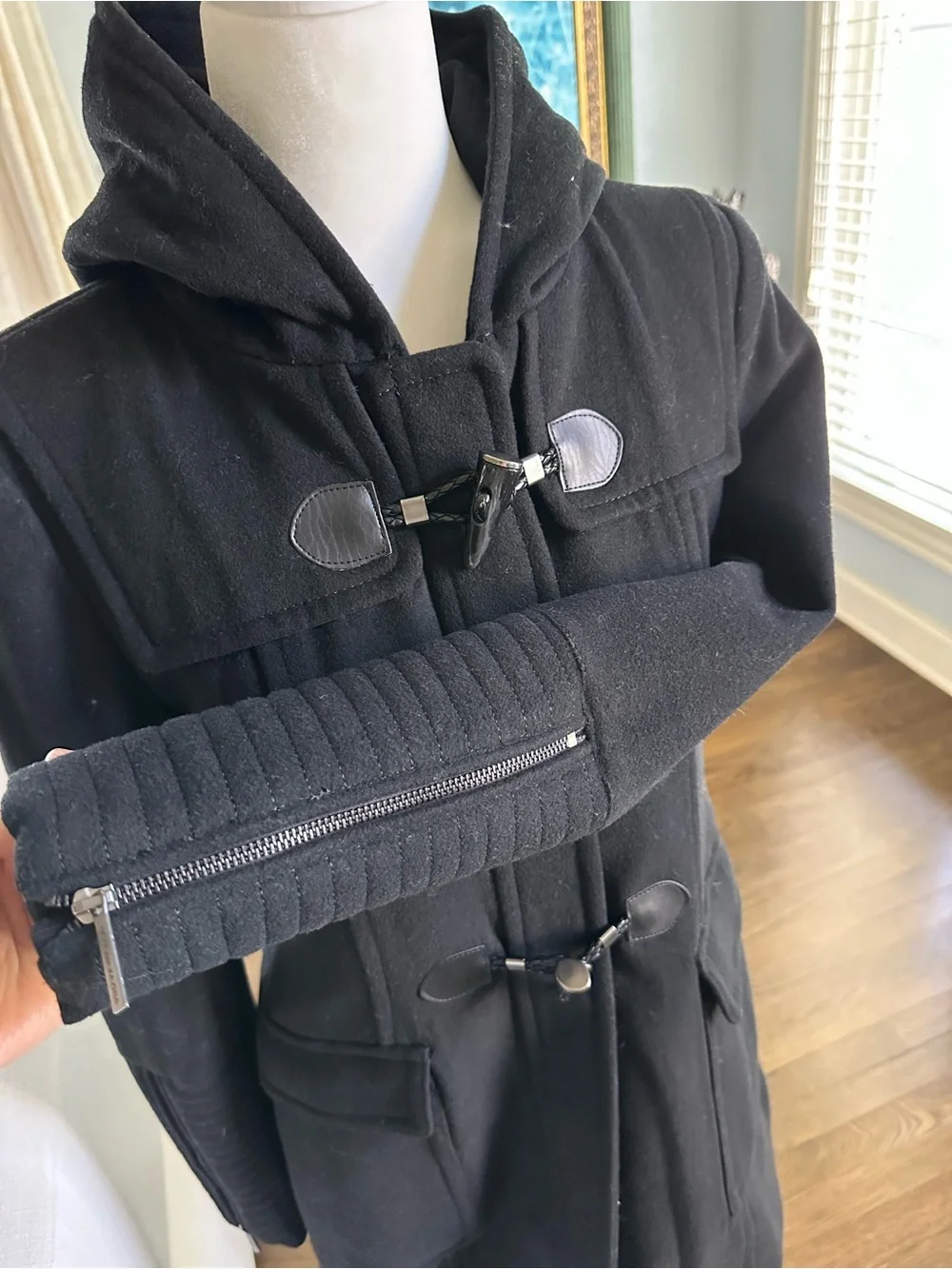 BCBGMaxAzria Black Hooded Toggle Pea Coat